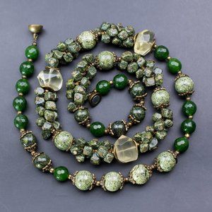 Olive green necklace long, large serpentine stone bead necklace, handmade jewels